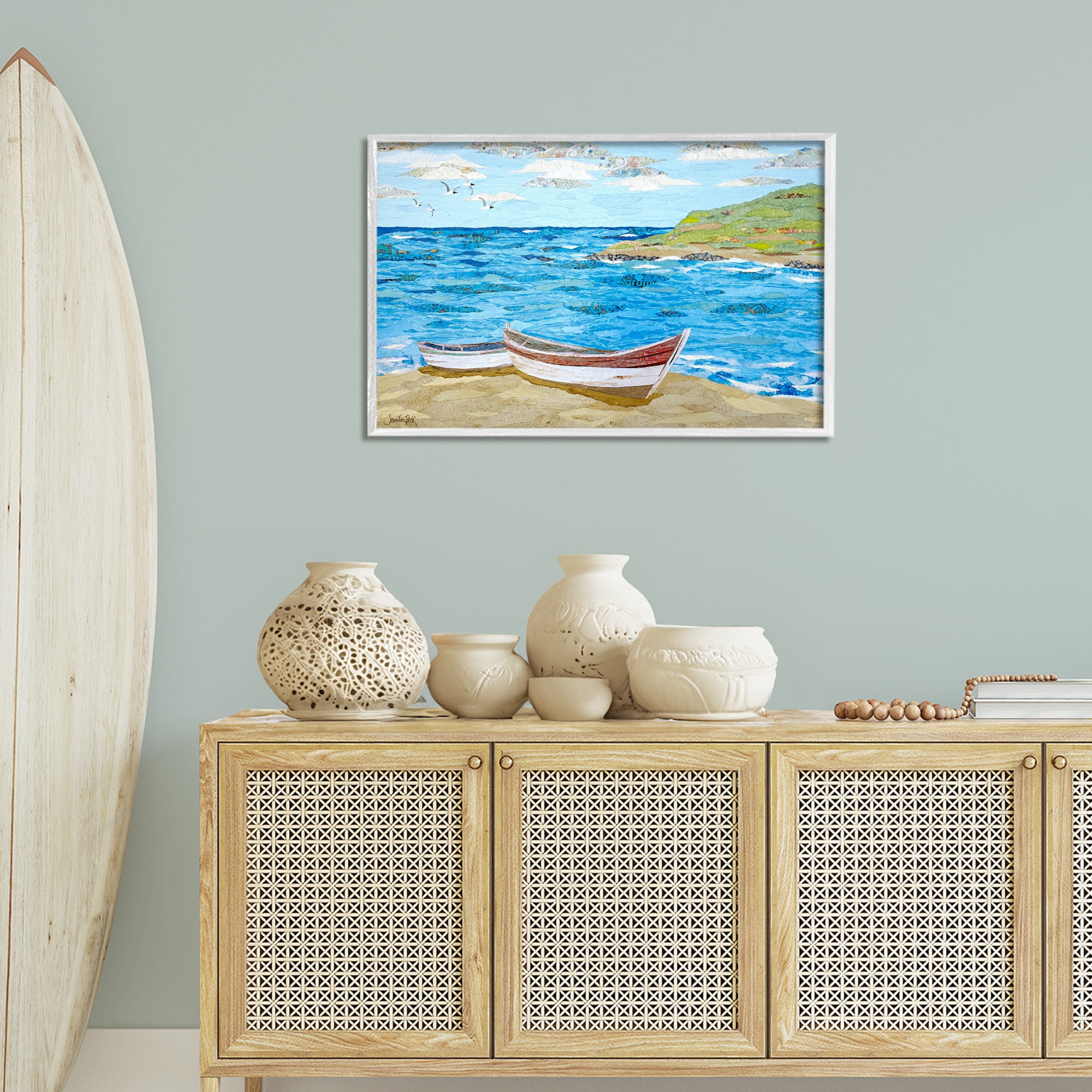 Stupell Industries Mykonos Docked Boat Landscape Painting White Framed Art Print Wall Art, 30 x 20