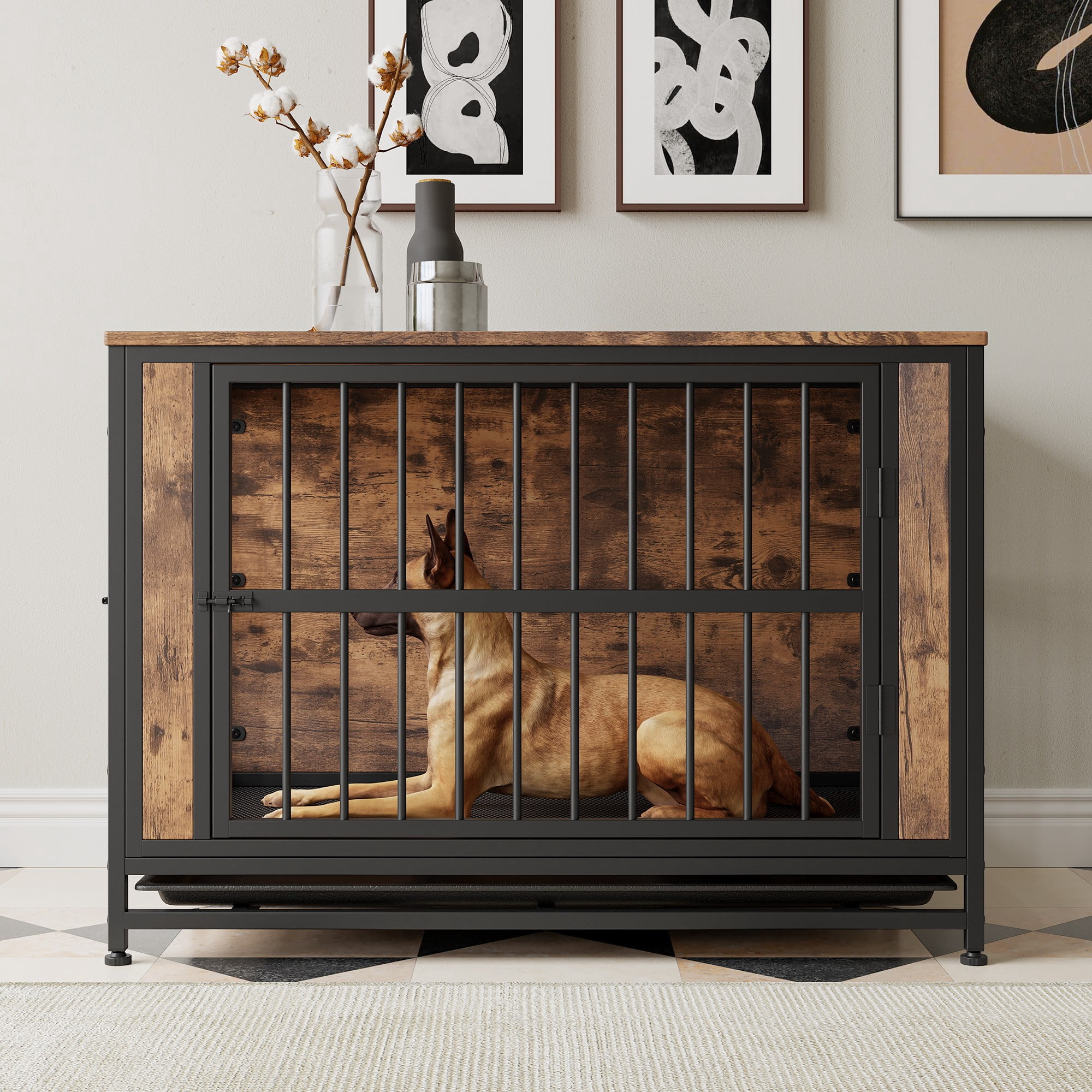 Pefilos 38.9" Furniture Style Dog Crates for Indoor, Pet Kennels with Removable Trays and 2 Sliding Doors, Heavy-Duty Dog Cage, Brown
