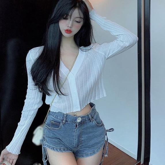 Zonghan Women's Solid Long Sleeve V-Neck Thin Blouse Sun Protection Button Up Knitted Cardigan