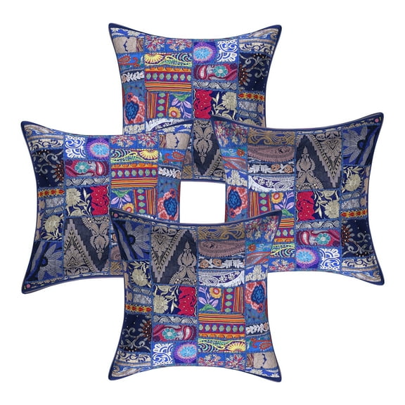 Stylo Culture Indian Cotton Decorative Throw Pillow Sham Covers Dark Blue 20x20 Bohemian Vintage Patchwork Indian Couch Cushion Covers 50 x 50 cm Home Decor Abstract Square Pillowcases | Set Of 4