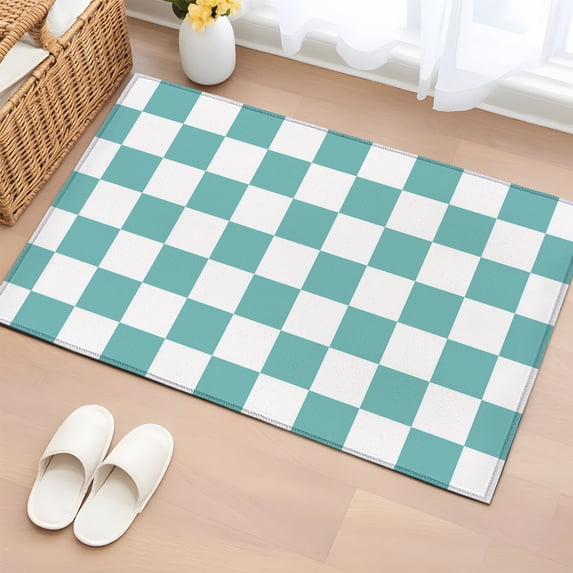 Turquoise Checkered Bathroom Mat 2x3 FT, Non Slip Small Kitchen Mat, Geometric Teal Buffalo Plaid Washable Soft Backed Front Door Throw Rug Non-Shedding Indoor Outdoor Doormat for Entryway Sink