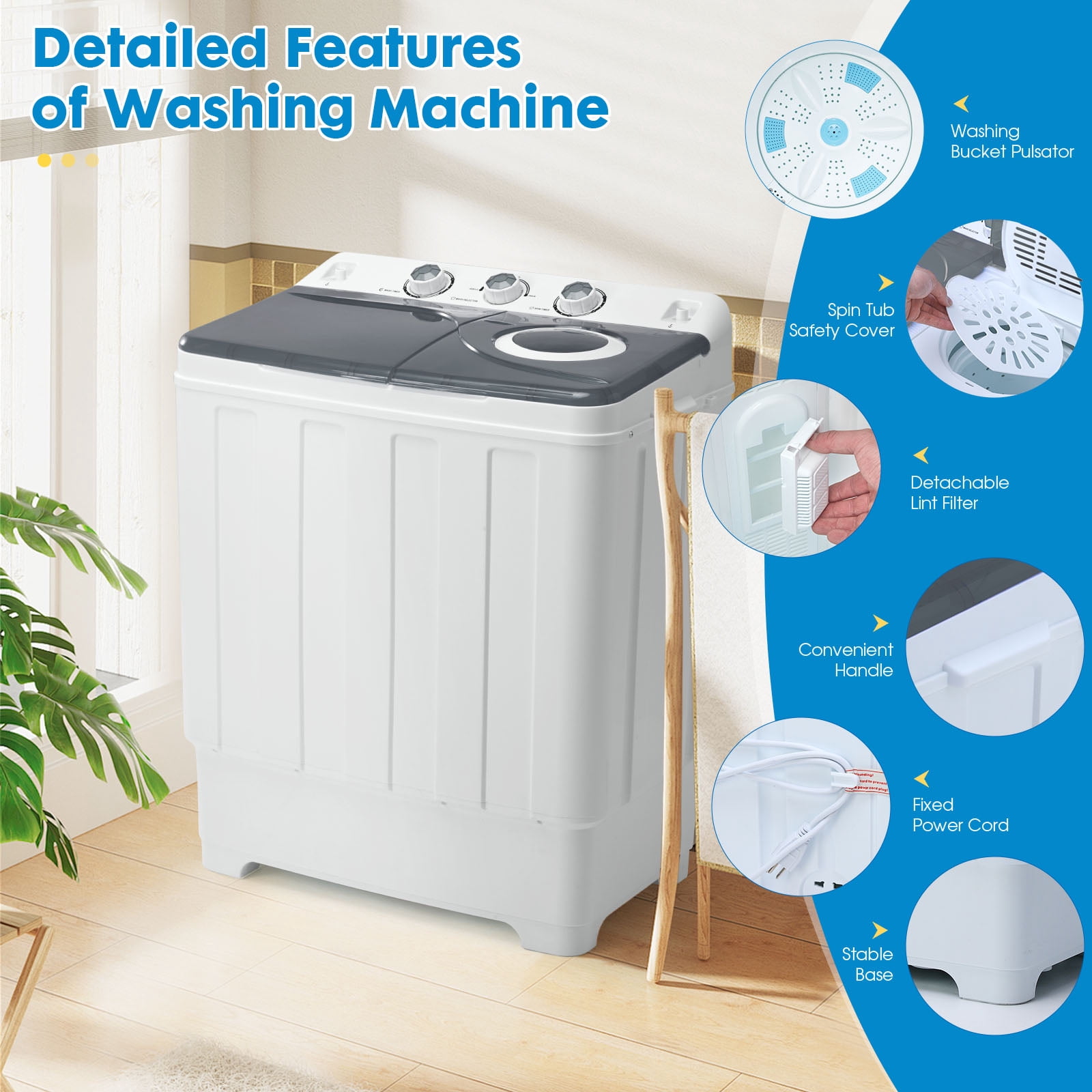 Portable Washing Machine, 28lbs Twin Tub Washer Mini Compact Laundry Machine with Drain Pump,Compact Washer for Home Dorm Apartment,Grey