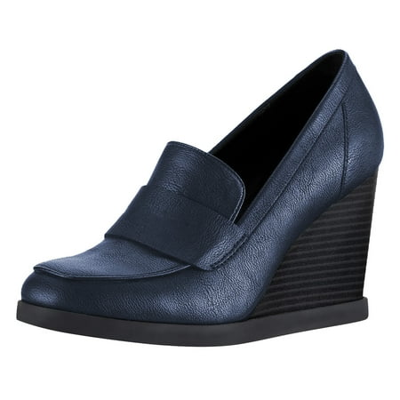 YDN Women Dressy Loafers Pumps Square Closed Toe Slip On Wedge High Heels Shoes Shopping Daily Wear Size 10 Blue