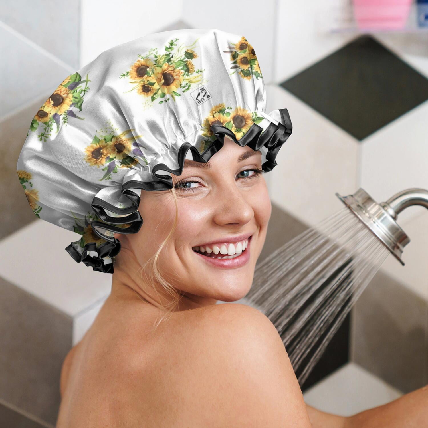 Shower Caps,White Yellow Purple Flower Bouquet Sunflower Pattern Waterproof Shower Cap for Women 4 Pieces,Double Reusable Hair Cover for Shower PEVA Elastic Stretch Hem