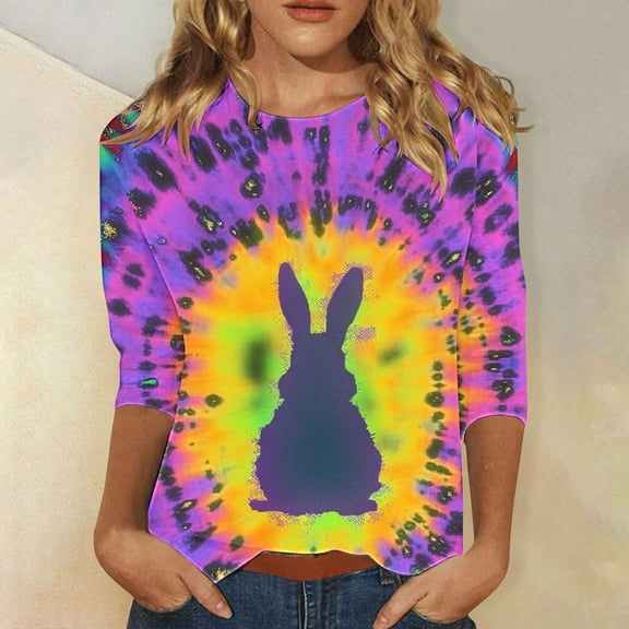 Cavosen Happy Easter Womens Tops 3/4 Sleeve T Shirt Summer Bunny Tie Dye Print Pullover Shirts Round Neck Festival Blouse Vacation Holiday Tee Shirts Casual Dressy T Shirts L