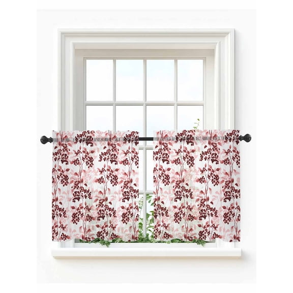 Red Botanical Tier Curtains 36 Inch Length, Sheer Curtains for Bedroom Living Room Window, Vintage Nature Flower Floral Rod Pocket Voile Drapes Kitchen Curtains Small Half Window 27.5"x36" 2 Panels