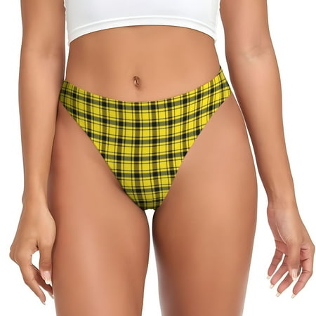 Qokaie Yellow Checkered Plaid Printed Women s Cotton Thong Underwear  Sexy Breathable Panties G-string-Medium