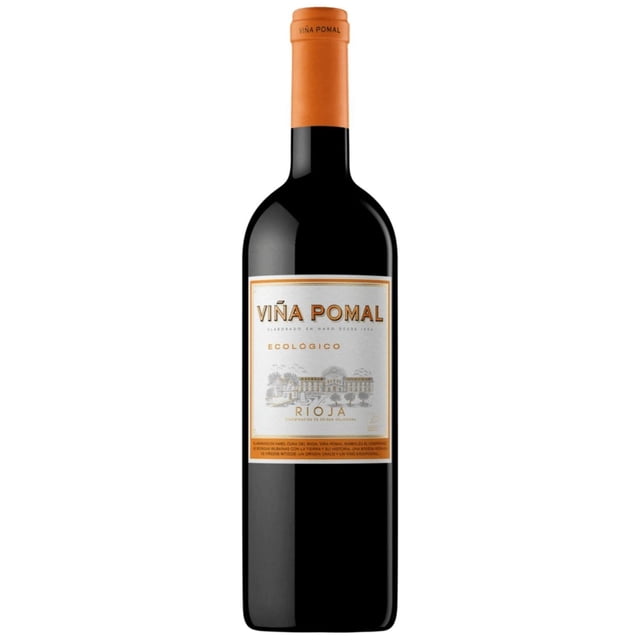 vino tinto rioja doca ecológico viña pomal 750ml vino botella de vidrio oscuro, vista frontal centrada, cápsula naranja con marca 'Viña Pomal', etiqueta blanca con texto dorado 'Viña Pomal' y 'Ecológico', indica 750 ml y 14% alc., fabricado en Spain; a menudo se usa como regalo para ocasiones especiales.