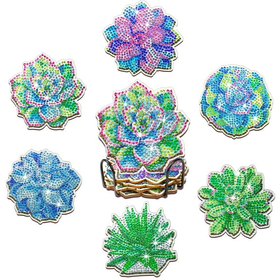 6pcs Diamond Painting Coasters Kits,5D DIY Diamond Art Coaster Kits with Holder, Small Diamond Painting Kits for Adults & Kids Art Craft Supplies(Succulent plant diamond painting coaster)