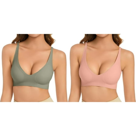 2-Pack Women s Bra Without Underwire V Neck Comfort Soft Bra Push Up Seamless Bra Lightly Padded For A Feel Fit Bralette Women Easy Lingerie Sports Bra with Clasp Compression Bras Workout Sports Bra