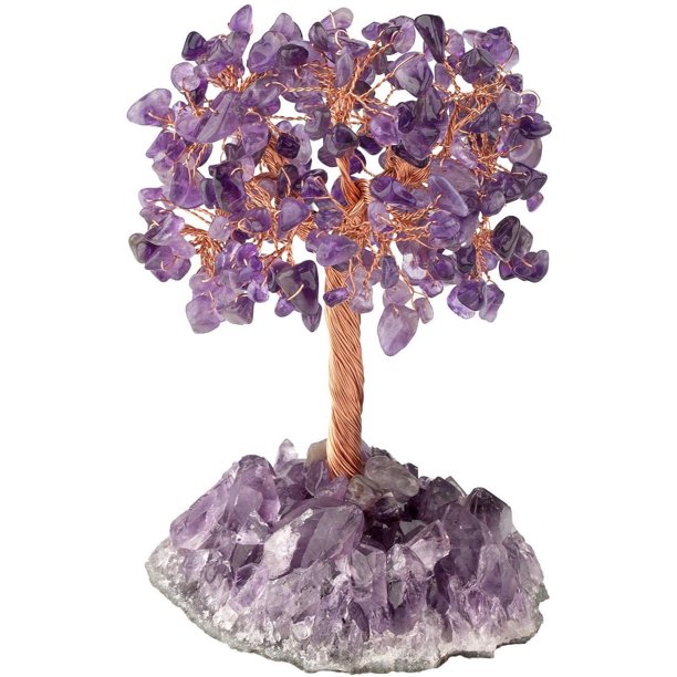 Árbol de cristal natural de cuarzo rosa, aguamarina y amatista con base de cristal de racimo de amatista, figuras de árbol de dinero, decoración de escritorio Feng Shui, decoración de altar de mesa