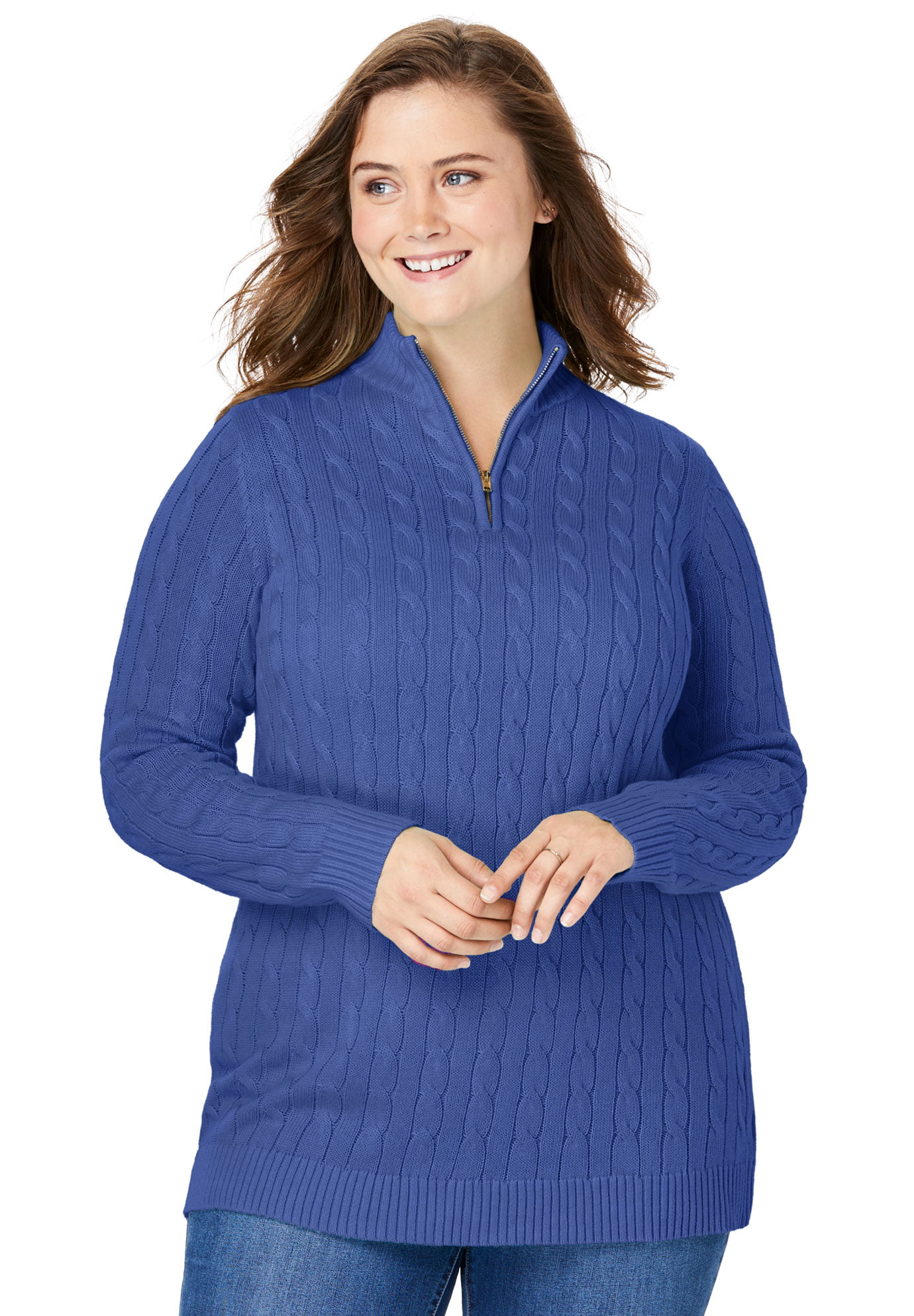 Woman Within Womens Plus Size Cable Knit Half-Zip Pullover Sweater 