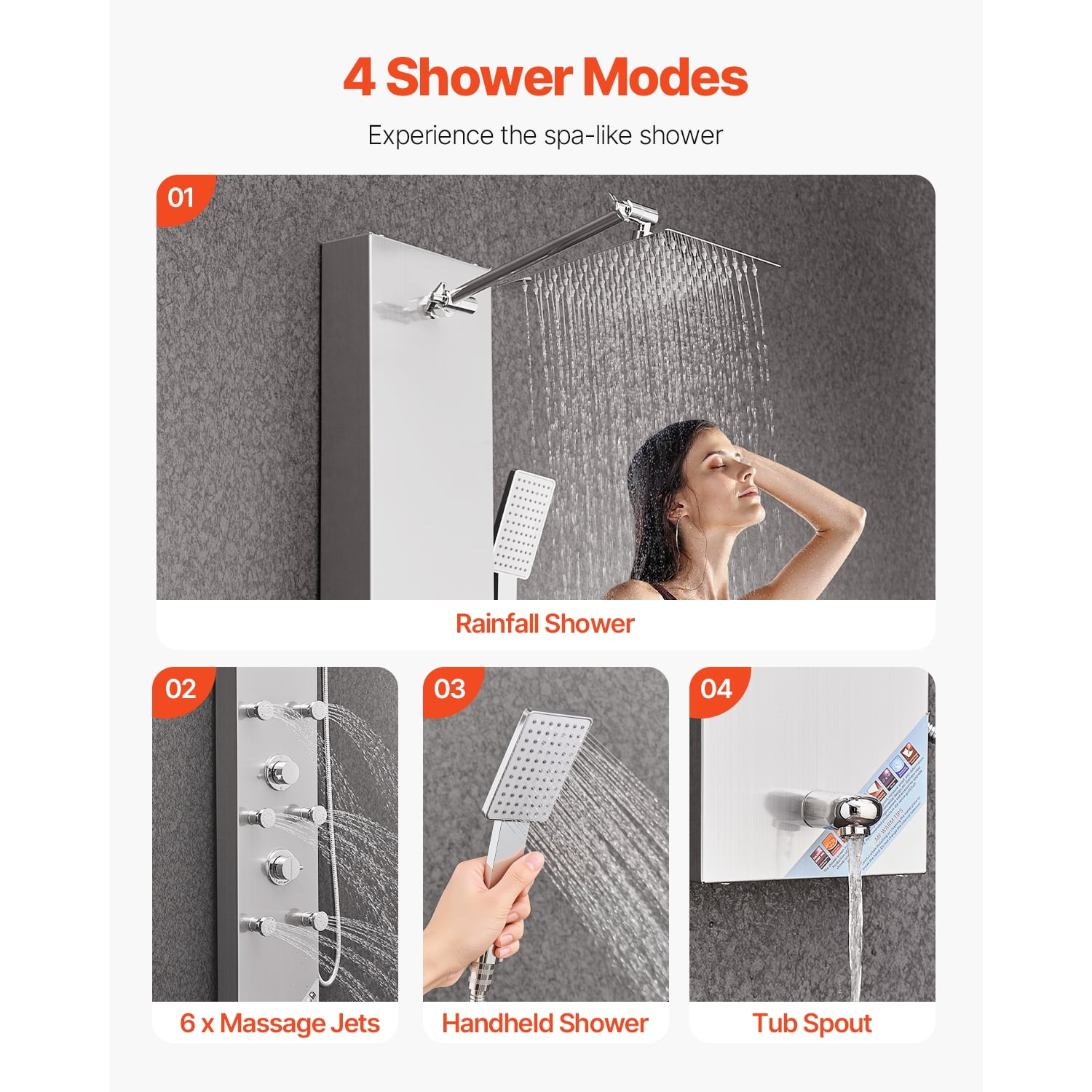 KFFKFF Shower Panel Tower System, 49 in Brushed Stainless Steel, Incorporates Rainfall Shower Head, LED, 4-Function Faucet, Wall-Installed Rain Massage System with 6 Body Jets, Handheld