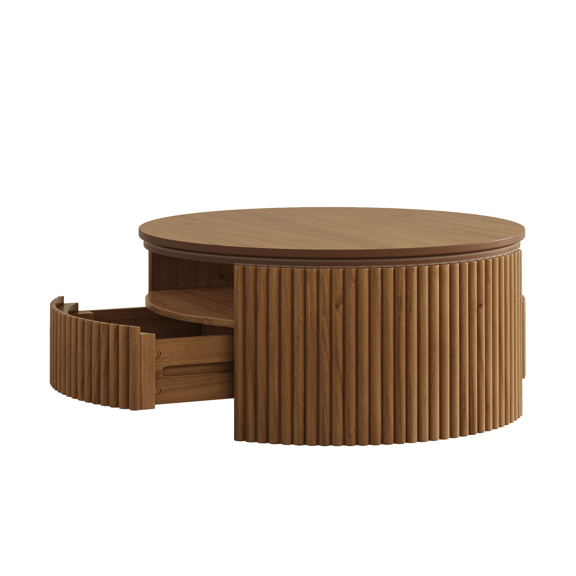 Garitin Coffee Table and Round Fluted Drum Pedestal 30.3 Inch, Mid Century Modern Center Table with Hidden Storage Drawers for Living Room, Walnut
