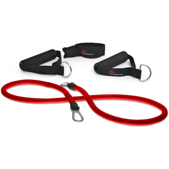 ProSource Single Stackable Resistance Bands with Door Anchor and Exercise Guide, 5-50 lb, Heavy Duty Fitness Tube for Full-Body Exercises, P90X, Insanity, and Home Workouts 8 lb to 12 lb, Red