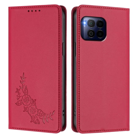 PU Leather Wallet Case for T-Mobile Revvl 7 Pro Strong Magnetic Flip Folio Cover RFID Blocking 2 Card Slots Kickstand Embossed Floral Pattern Phone Protective Shell.A02