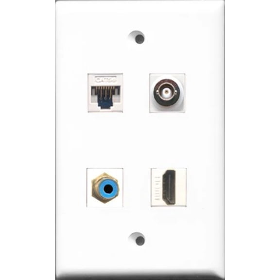 RiteAV - 1 Port HDMI and 1 Port RCA Blue and 1 Port BNC and 1 Port Cat5e Ethernet White Wall Plate