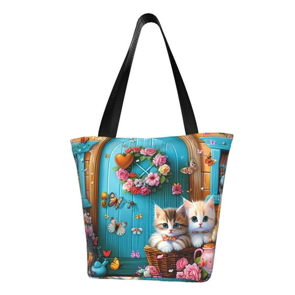 Lsque Whimsical Cats and Flowers Scene Pattern Beach Tote,Shoulder Handbag,Spacious Tote Bag,Lightweight Travel Bag,Versatile Shopping Bag