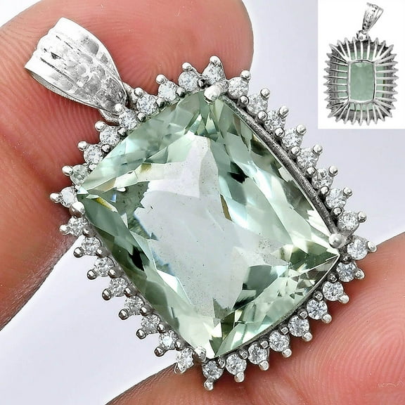 Prasiolite (Green Amethyst) & White Zircon 925 Silver Pendant Jewelry P-1741 AGP1006_A
