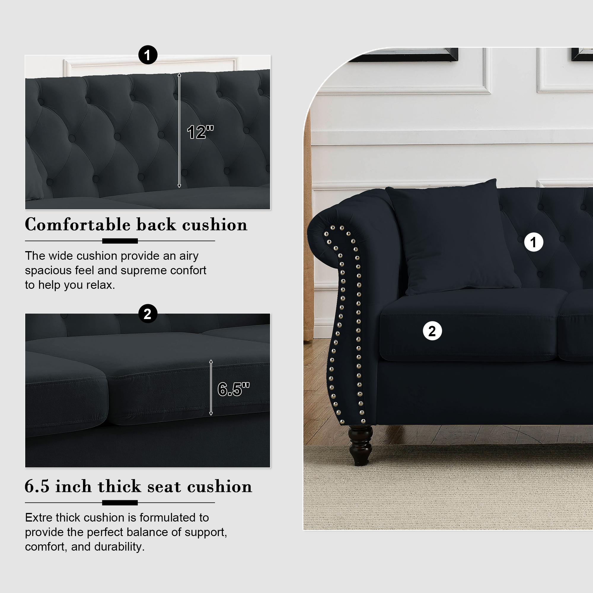 Mid-Century 80"L Couch, 3-Seat Couches and Sofas, Upholstered Sofa with Thicked Cushions, Modern Sofa with Wood Legs, Heavy Duty Couch Furniture for Home Living Room, 80"L x 29"W x 30"H, Black