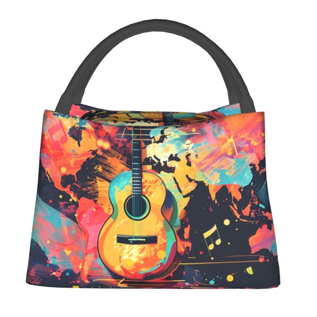 Lukts World Map Guitar Illustration Pattern Small Lunch Bag for Men Women Insulated Lunch Box Mini Lunchbox Portable Lunch Cooler Bag,Reusable Snack Bag