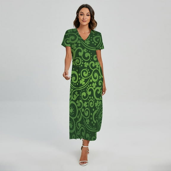 Green Irish Saint Patrick'S Day Printed Short Sleeve Maxi Dress, Irish St. Patrick'S Day Fashion Summer Maxi Dress For Women