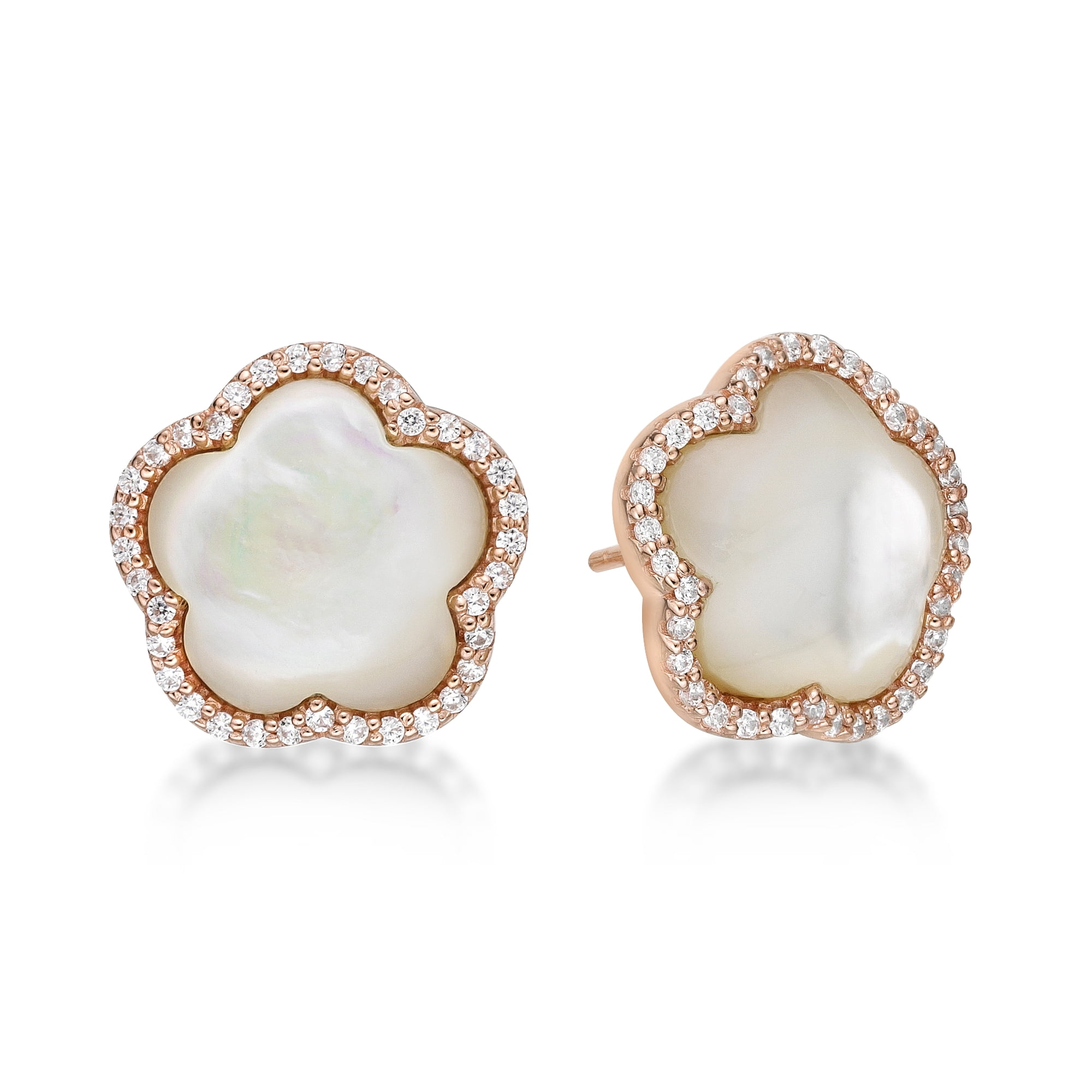 Mother of Pearl and Cubic Zirconia Five Petal Flower Stud Earrings in 925 Sterling Silver with Rose Gold Plating with Friction Back by Lavari Jewelers