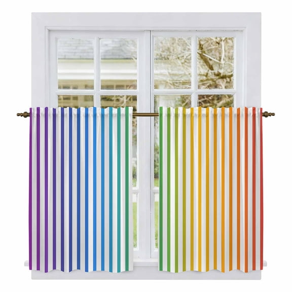 Thin Rainbow Striped Kitchen Curtains 45 Inch Length, Farmhouse Modern Stripes Tiers Curtains for Bathroom Bedroom Cafe, Light Filtering Small Window Treatment Short Tiered Drapes 2 Panels 42"Wx45"L