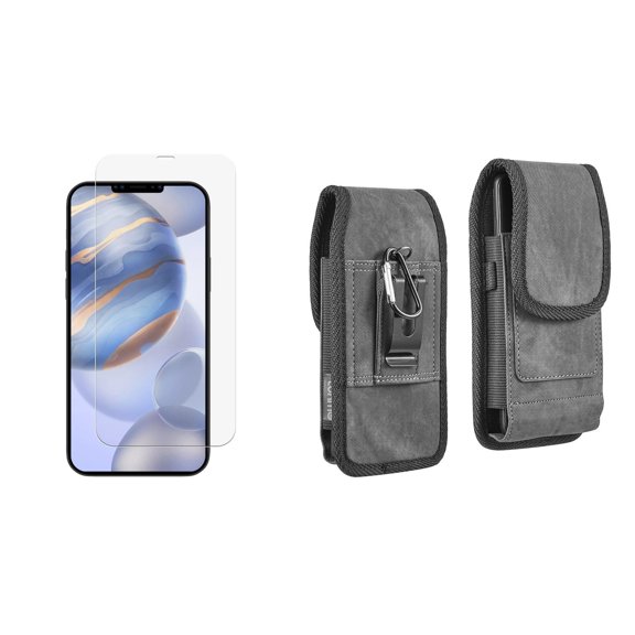 Luxmo Apple iPhone 12 Belt Holster Bundle: Vertical Rugged Nylon Carrying Pouch Clip Phone Case (2 Card Slots/Pen Holder) with Tempered Glass Screen Protector - Dark Gray