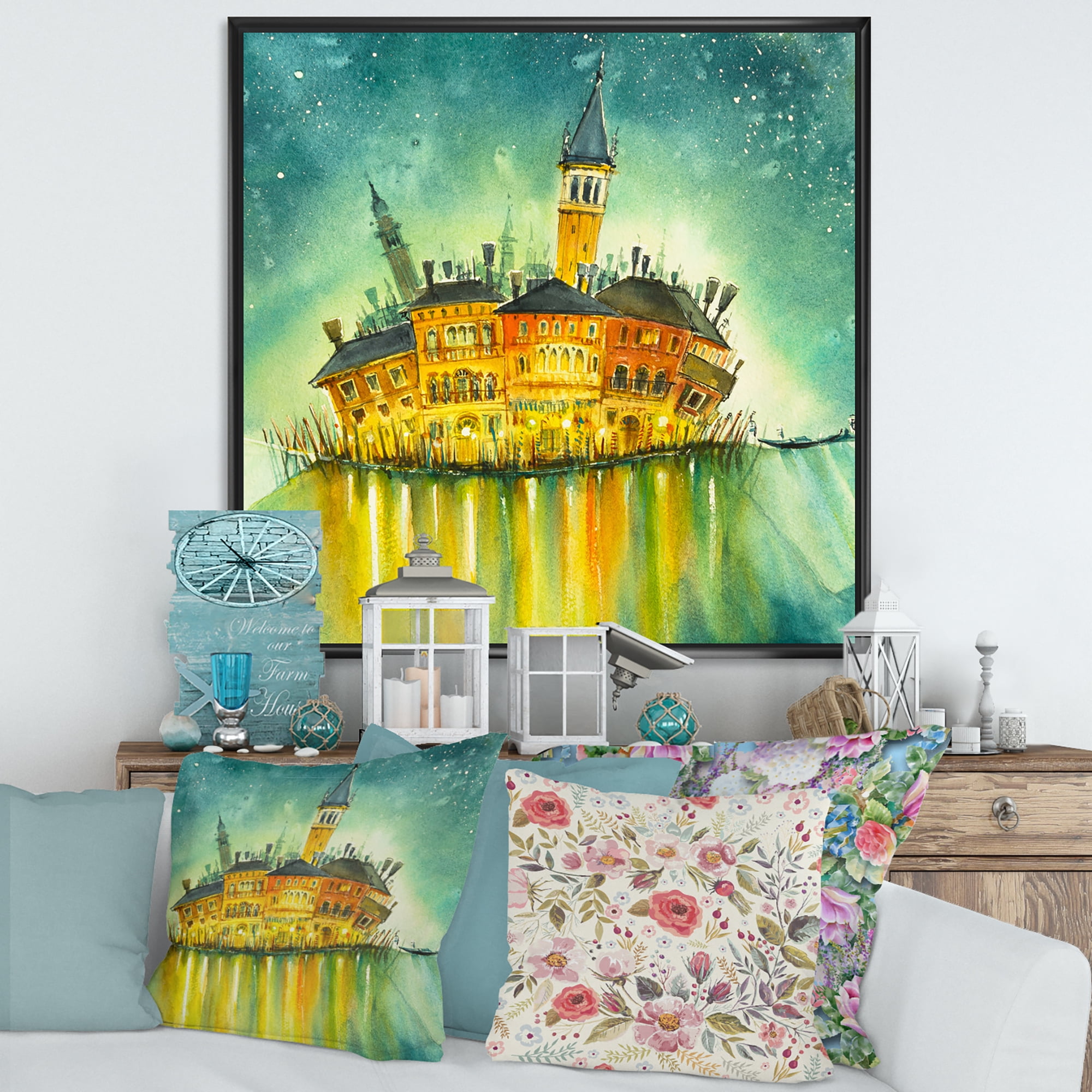 Designart 'Portrait of Idyllic Island of Venice At Night' Modern Framed Canvas Wall Art Print