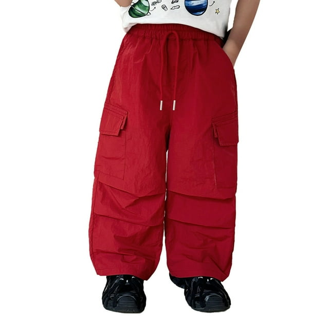 Kids Parachute Pants Wide Leg Overalls - Retro Solid Color Fashion Jogging Pants with Pockets (3-12 Years)