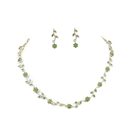 Color Peridot Channel Set - Bridal Jewelry Set Silver Peridot Flower Necklace Earrings Set For Wedding