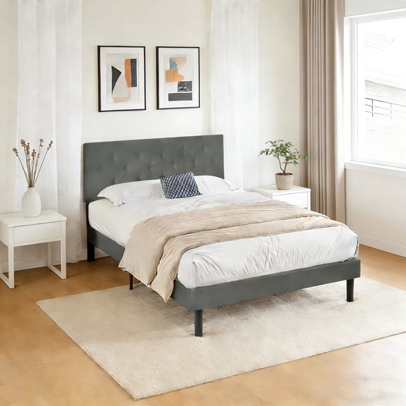ASINMAK Twin Size Upholstered Platform Bed Frame, Button Tufted Linen Fabric Headboard, Dark Gray