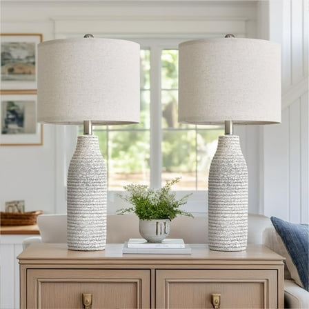 25" Ceramic Table Lamps for Living Room, Modern Design Bedside Lamps Set of 2, Nightstand Lamps for Bedroom with Rotary Switch, Gray and White