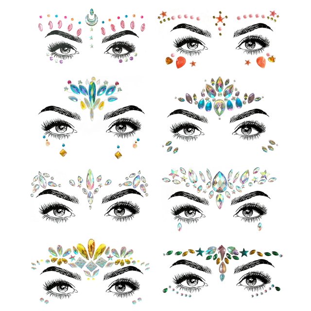 Pegatinas Face Gems con purpurina SHINEYES, diseño de sirena, 8 unidades, para festivales