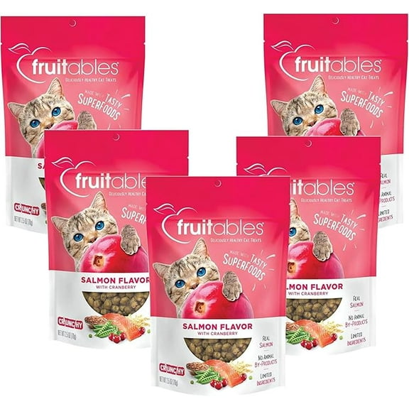 Fruitables Cat Treats, Healthy Low Calorie Crunchy Cat Treats with Real Salmon & Cranberry, High Protein, Limited Ingredients, 2.5 oz, 5 Pack