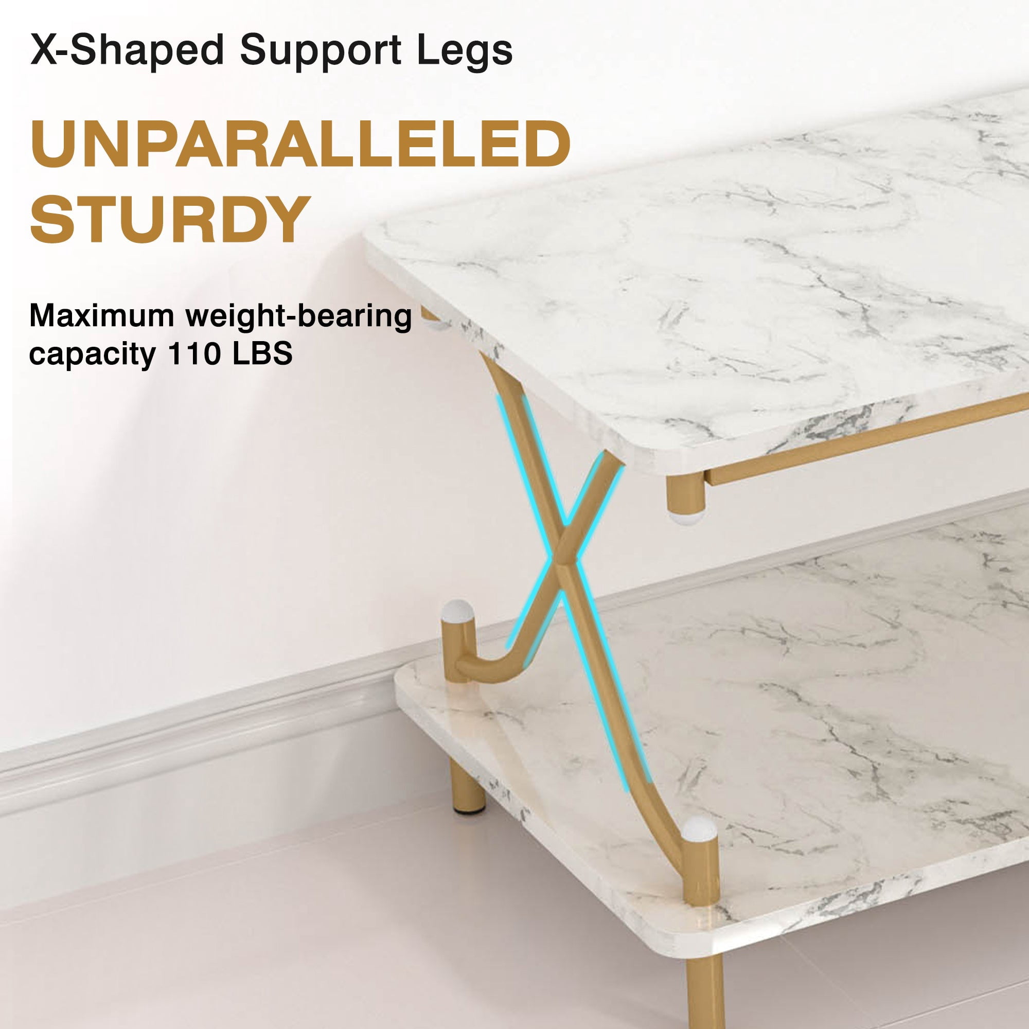 VECELO Rectangle Coffee Table with Storage Shelf, Modern X-Design Side Metal Frame for Living Room Office, White & Gold