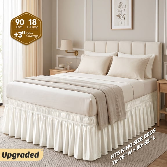 AzulHome Beige King Size Bed Skirt Dust Ruffle, 18 Inch Long Tailored Drop Wrap-Around Gathered Style, 90GSM with Adjustable Elastic Belt, Easy to Install and Clean