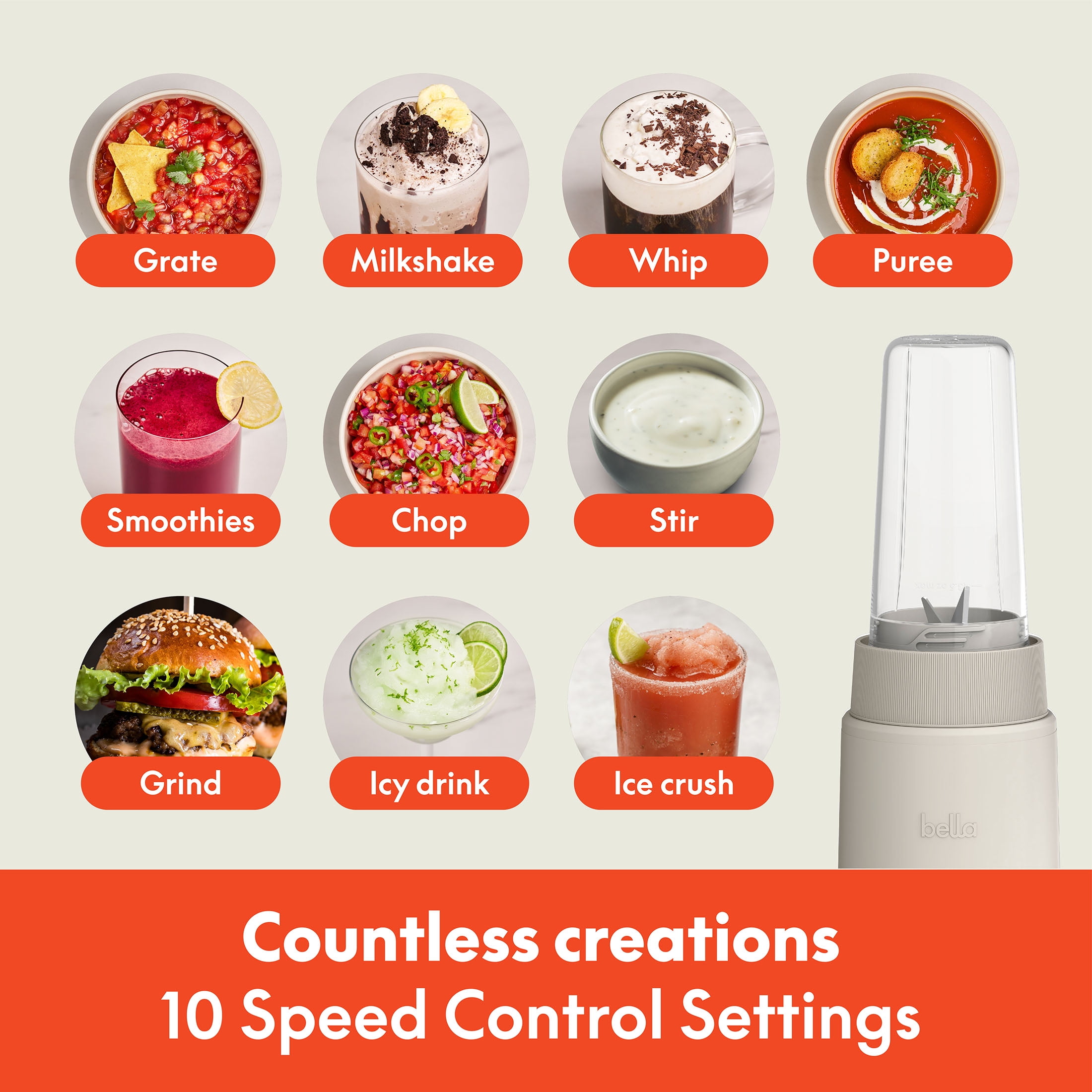 bella 6-Piece Portable Rocket Blender, Personal Smoothie Maker with Durable Stainless Steel Blades, Oatmilk