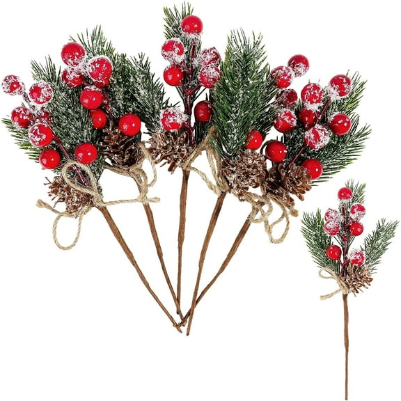 Nvzi 6PCS Christmas Berries Red Stems Evergreen Pine Branches, Snow Flocked Red Holly Berry Pine Cone Floral Sprays Decoration,Winter Holiday Floral Picks
