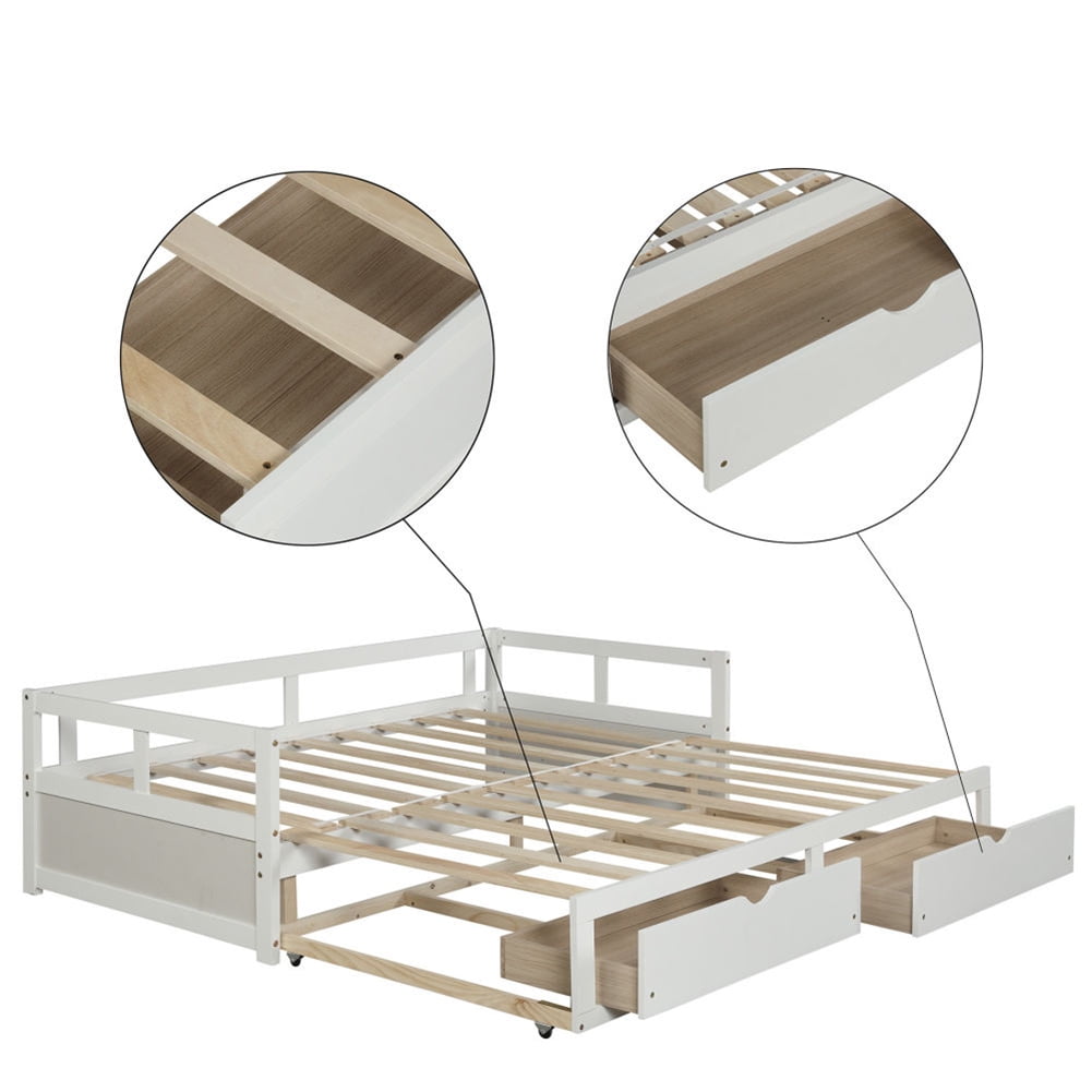 Kepooman Home Wooden Full Daybed Bed Frame with Two Storage Drawers for Bedroom Study Room, White Kepooman Home Wooden Full Daybed Bed Frame with Two Storage Drawers for Bedroom Study Room, White