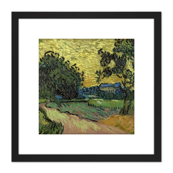 Van Gogh Landscape At Twilight Painting 8X8 Inch Square Wooden Framed Wall Art Print Picture with Mount