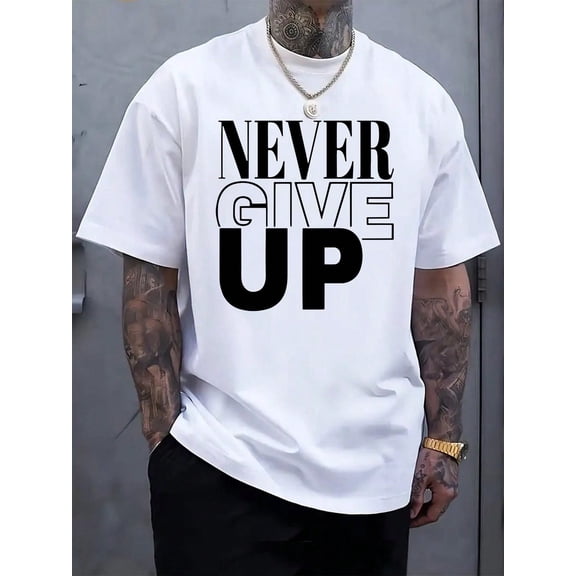 Men's "Never Give Up" Pattern T-Shirt - Cotton, Soft And Comfortable, Red Bold Black Letter Print, Casual Summer Outdoor T-Shirt, Perfect Gift For Men, Machine Washable