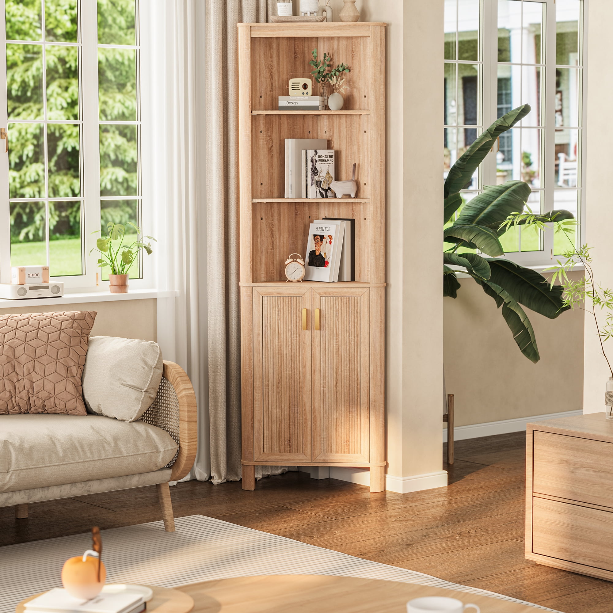 68" Tall Fluted Corner Cabinet for Bathroom, Modern Living Room & Kitchen - 5 Adjustable Shelves, Space-Saving Natural Oak Storage, Curved Profile Design
