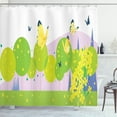thumbnail image 1 of Flowers Insects Shower Curtain, Graphics of Spring Forest Trees, Fabric Bathroom Set with Hooks, 69W X 75L Inches Long, Apple Green Pastel Yellow Pale Mauve Dark Ceil Blue, by Ambesonne, 1 of 3