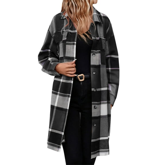 ZHYou Women Plaid Wool Blend Trench Coat,Checkered Flannel Overcoat Jacket,Long Sleeve Fall Winter Outerwear,Dark Gray,Size:L