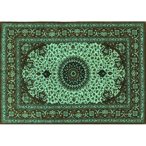 Ahgly Company Machine Washable Indoor Rectangle Medallion Turquoise Blue Traditional Area Rugs, 5' x 8'