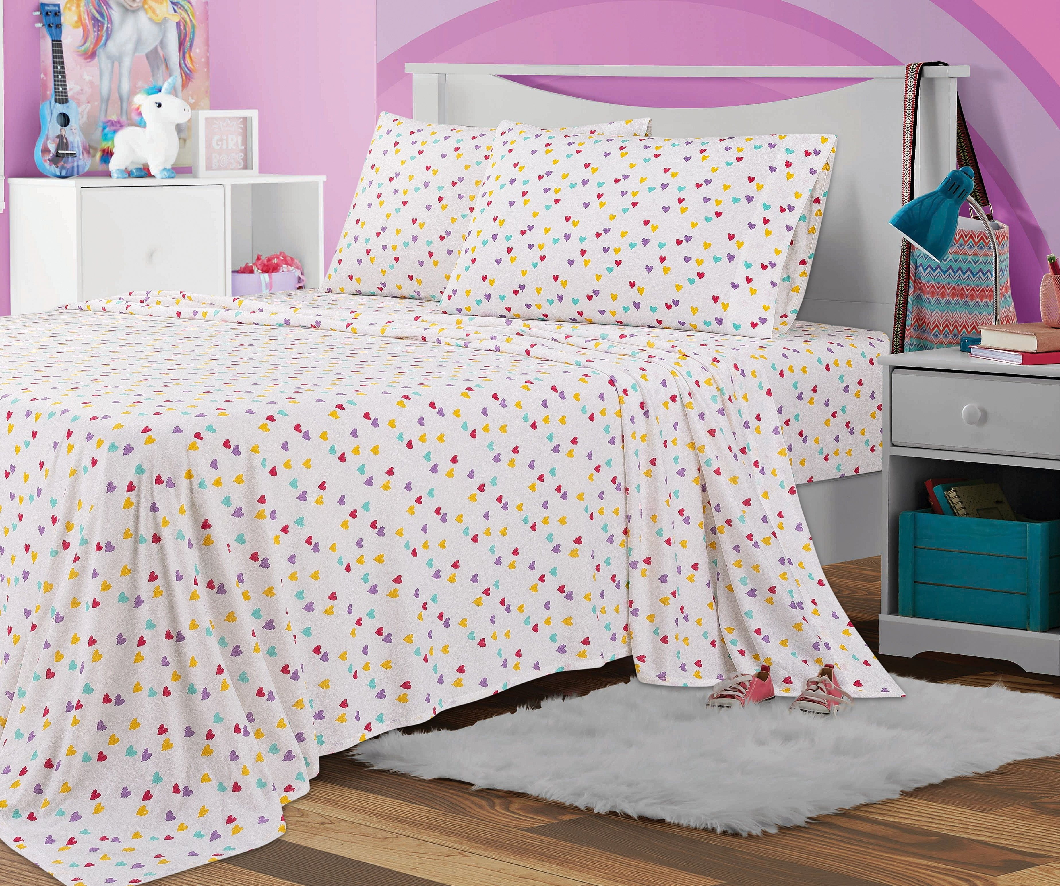 Your Zone Teens Jersey Hearts Sheet Set, Queen, Multicolor, 4 Pcs
