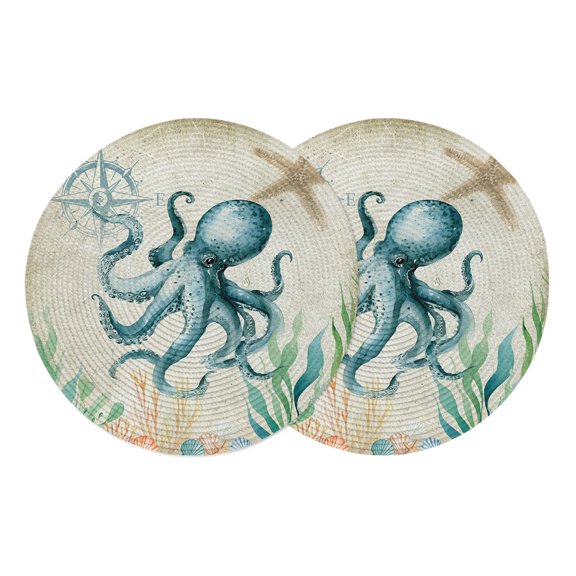 Round Placemats Beach Coastal Theme 15 inch Set of 2 Table Mats for Dining Table Vintage Sea Octopus Heat Resistant Non-Slip Kitchen & Home Decorative Place Mat Set