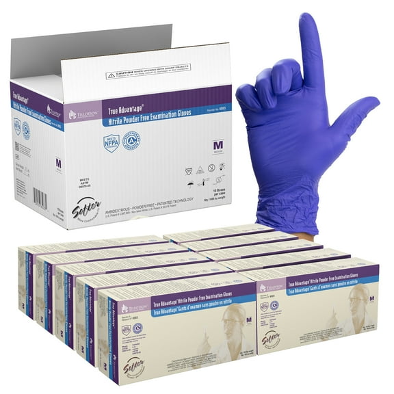Dynarex True Advantage Nitrile Exam Gloves, Chemo-Approved, Powder-Free & Latex-Free, Comfortable Fit with Best Protection, Purple, Medium, 1 Case of 10 Boxes, 100 Gloves per Box
